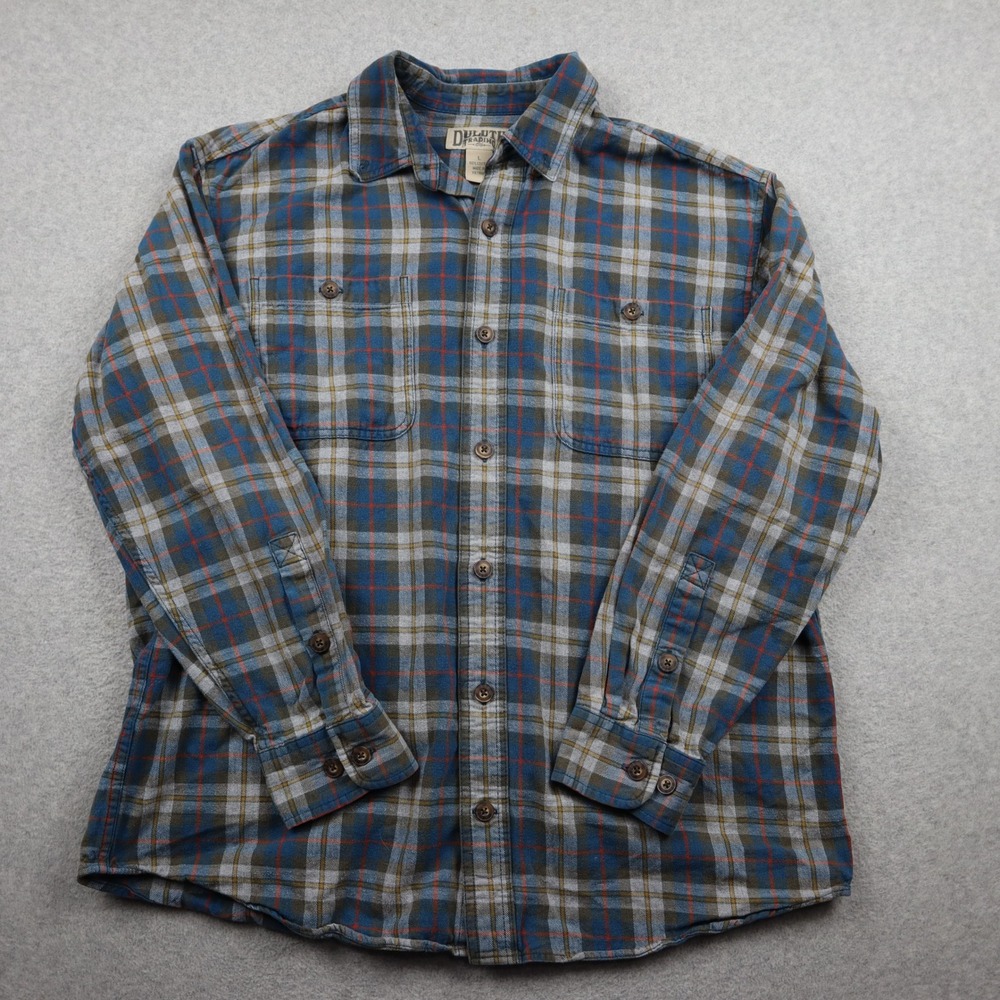 Duluth Trading Co Shirt Mens L Free Swingin Flannel Blue Gray Plaid Button Down